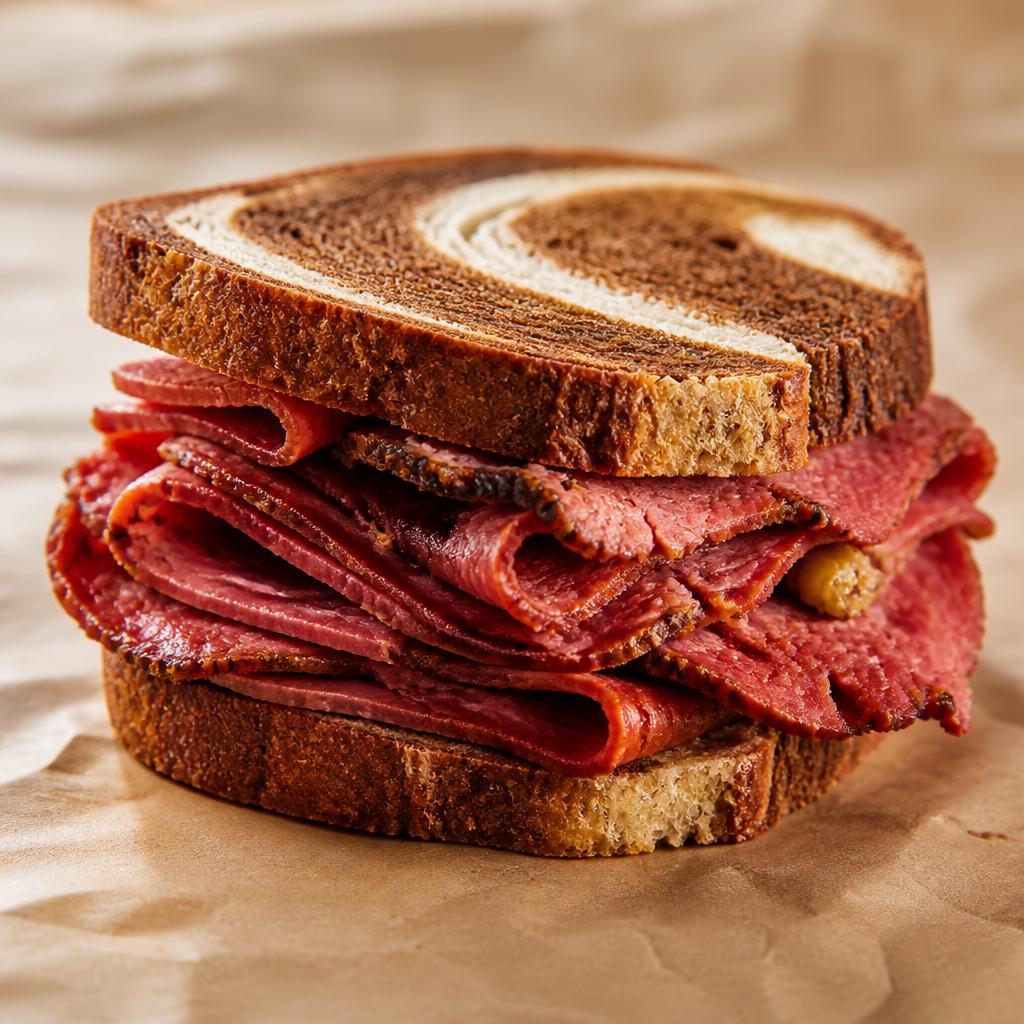 Hand-carved New York corned beef sandwich on rye at New York Famous Deli on Wheels in Eagle Rock, Los Angeles