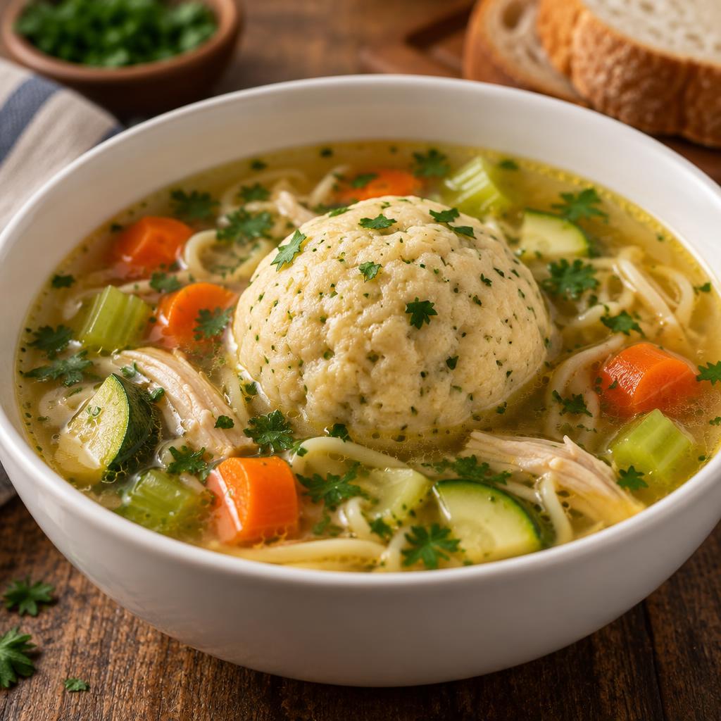 Homemade matzo ball soup with vegetables and noodles at New York Famous Deli on Wheels in Eagle Rock, Los Angeles