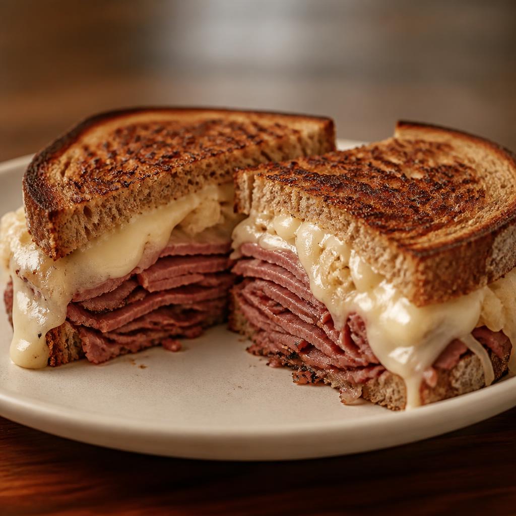 Classic pastrami Reuben with Swiss cheese and sauerkraut from our Eagle Rock deli food truck